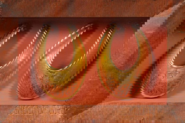 Pair of Brass English Gorgets Marked GR, with engr: Pair of Brass English Gorgets Marked GR, with engraved crown, framed in a mahogany shadow box, wd. 10, ht. 7 in.