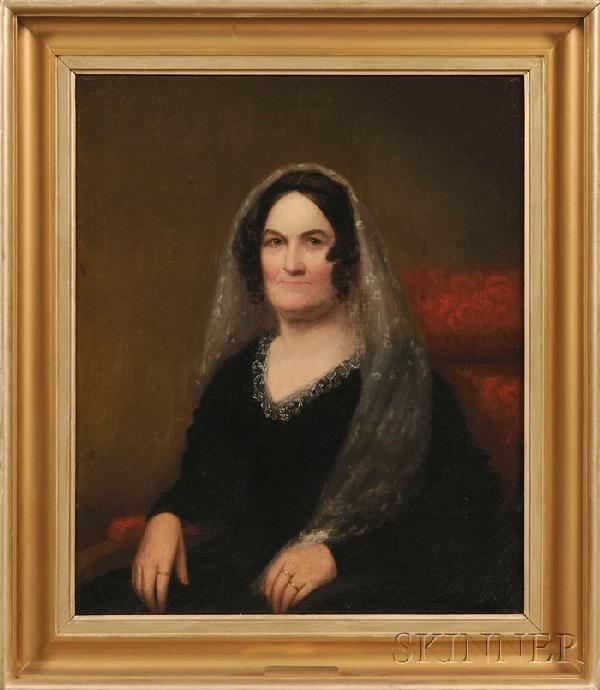 Oil Portrait of Anna Henshaw, Leicester, Massachus: Oil Portrait of Anna Henshaw, Leicester, Massachusetts, painted by Alvan Clark, Boston, 1841, in a gilded frame with extensive period provenance on the reverse reading in part, This Portrait of Anna H