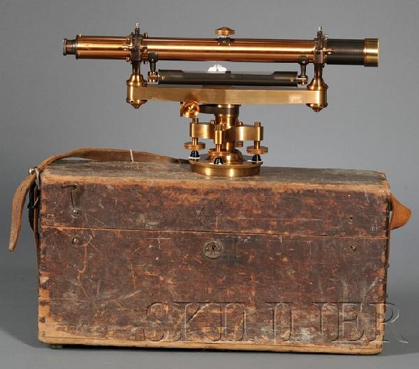 Transit by Berger, Boston, 18 1/2-inch telescope w: Transit by Berger, Boston, 18 1/2-inch telescope with bubble level supported on parallel frame marked with maker's name, and four-screw leveling base, instrument ht. 8 3/4 in.