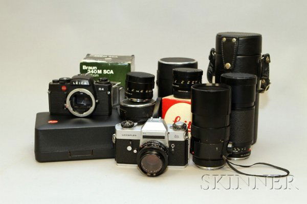 Leica R4 Body and Leicaflex SL 35mm Camera and Acc: Leica R4 Body and Leicaflex SL 35mm Camera and Accessories, including a Leitz 50, 75-200, and 180 mm lens, Braun & Sunpack flash units, filters and instruction manuals.
