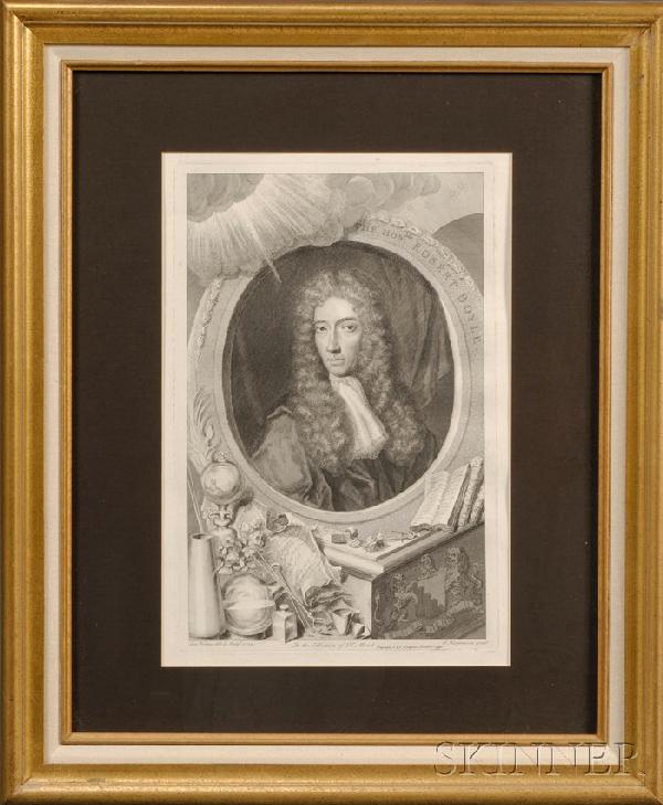 Copper Plate Engraving of the Honorable Robert Boy: Copper Plate Engraving of the Honorable Robert Boyle, 18th century, the engraving depicts the founder of modern chemistry amidst scientific equipment and journals, marked at the bottom Geo. Vertu del.