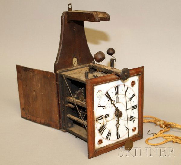 Black Forest Wag-on-Wall Clock, Germany, c. 1860,: Black Forest Wag-on-Wall Clock, Germany, c. 1860, with reverse-painted glass dial, posted frame wooden movement, verge escapement mounted above the movement with front hung pendulum all powered by thr