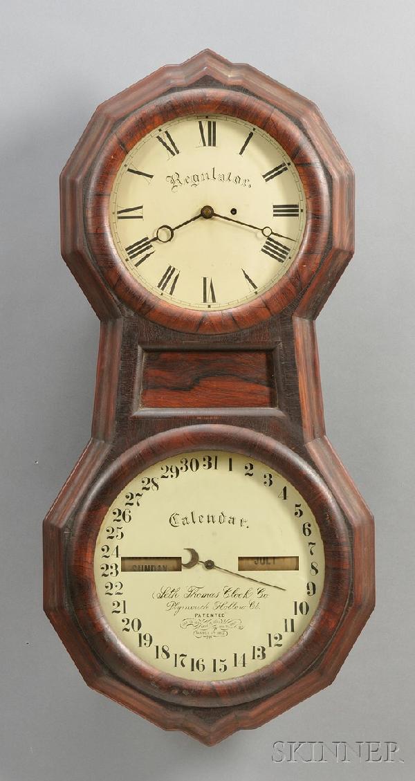 Seth Thomas Office Calendar No. 1 Wall Clock, Thom: Seth Thomas Office Calendar No. 1 Wall Clock, Thomaston, Connecticut, c. 1875, with painted zinc dials, the upper with Roman numerals and marked Regulator, the lower Calendar and Seth Thomas Clock Com