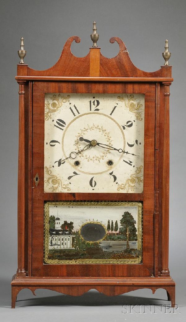 Mahogany Pillar and Scroll by Eli Terry & Sons, Pl: Mahogany Pillar and Scroll by Eli Terry & Sons, Plymouth, Connecticut, c. 1830, painted wood Arabic numeral dial, reverse-painted tablet depicting a classical building on the water, printed paper make