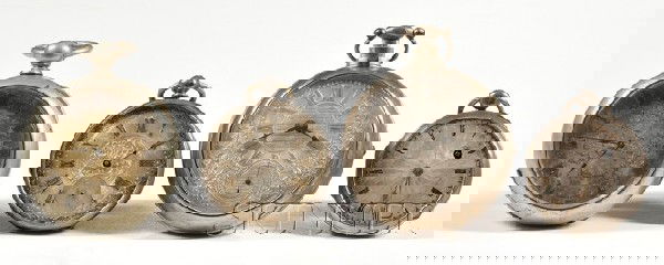 Group Lot of Four Open Face Watches, including a p: Group Lot of Four Open Face Watches, including a pair case watch with silvered dial, raised Roman numerals and floral decoration, the verge escapement movement marked Maurice Tobias, London, 50 mm, an