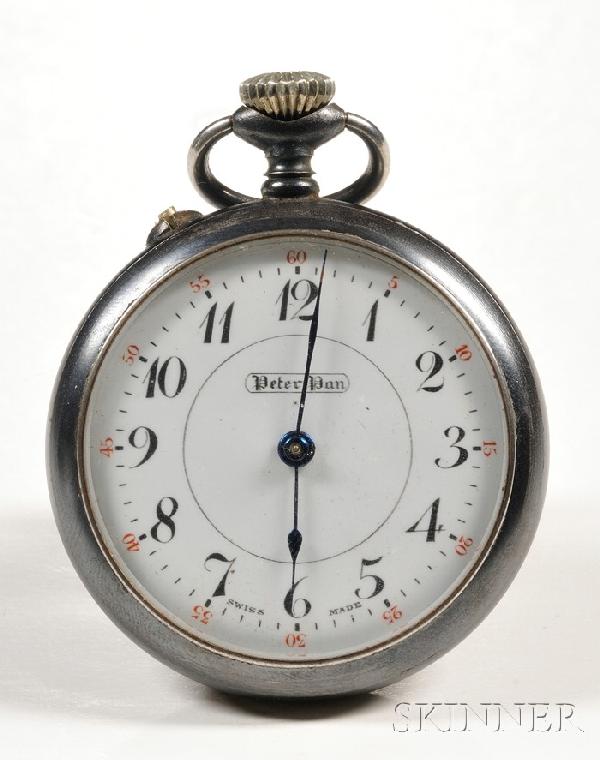 "Peter Pan" Swiss Watch in Original Box, gunmetal: "Peter Pan" Swiss Watch in Original Box, gunmetal open face case, enameled Arabic numeral dial marked Peter Pan, 3/4 plate Swiss, lever escapement pin set movement marked Reconvilier, Swiss and No Jew