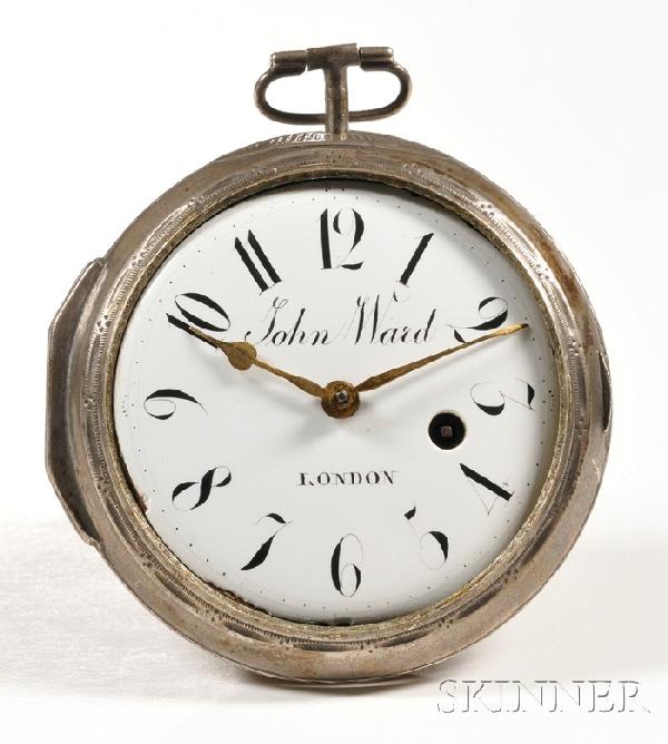 Silver Consular Case Watch Marked John Ward, Londo: Silver Consular Case Watch Marked John Ward, London, the enameled Arabic numeral dial marked John Ward, London, gilt spade hands, full plate Swiss fusee and verge escapement movement marked with "make