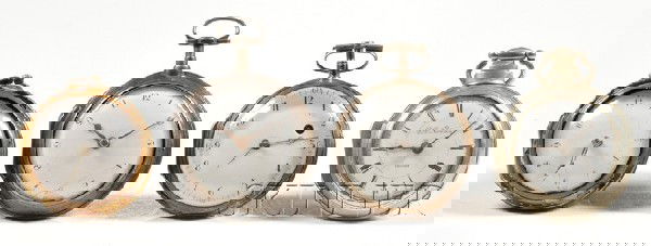 Four Fusee Verge Watches, London and Switzerland,: Four Fusee Verge Watches, London and Switzerland, including a silver pair case watch with enameled Arabic numeral dial and movement marked N. Preston, London 572, pierced balance cock with curved foot