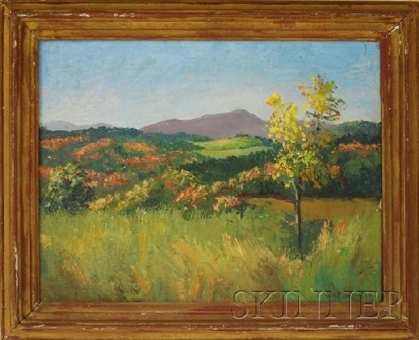 Kyra Markham (American, 1891-1967) Landscape View w: Kyra Markham (American, 1891-1967) Landscape View with Fields, Hills, and Purple Mountains. Signed "Kyra Markham" l.r., signed and inscribed "Kyra Markham/Halifax, Vt" on the reverse. Oil on canvas mo