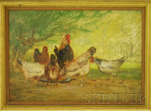 American School, 20th Century Hens and Rooster. Uns: American School, 20th Century Hens and Rooster. Unsigned, stamp from Vieille, Paris, on the reverse. Oil on artist board, 8 1/2 x 12 in., framed. Condition: Paint losses, craquelure, surface grime.