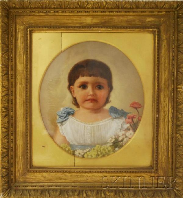 British School, 19th Century Portrait of a Young Gi: British School, 19th Century Portrait of a Young Girl. Initialed "E.M.S.G." l.l., with a Winsor & Newton, London, canvas stencil on the reverse. Oil on canvas, 15 1/2 x 14 in., circular mat, framed.
