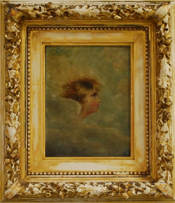 Continental School, 19th Century Profile Head of an: Continental School, 19th Century Profile Head of an Angel. Unsigned, with a canvas stamp from A. Rayner, 23 Francis St. [London], on the reverse. Oil on canvas, 9 x 7 in., framed. Condition: Craquelur
