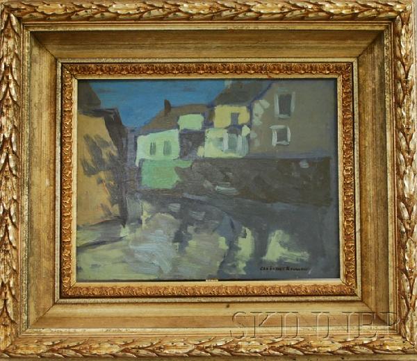 George Elmer Browne (American, 1871-1946) Village S: George Elmer Browne (American, 1871-1946) Village Street, Evening. Signed or inscribed "Geo Elmer Browne" l.r. Oil on panel, 10 1/2 x 13 3/4 in., framed. Condition: Surface grime.