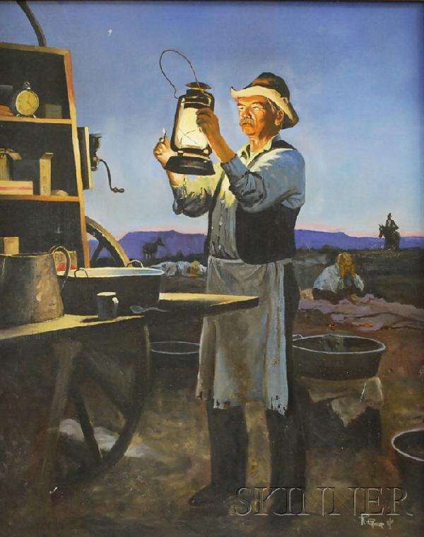 American School, 20th Century Lighting the Lamp. Si: American School, 20th Century Lighting the Lamp. Signed "R. Potter" and with a cactus emblem l.r. Oil on Masonite, 20 x 16 in., framed. Condition: Scattered abrasions.