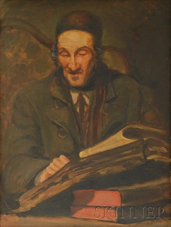 Jaromir Seidl (Czechoslovakian, b. 1893) Portrait: Jaromir Seidl (Czechoslovakian, b. 1893) Portrait of a Jewish Scholar. Signed and dated "Jaromir Seidl 1925" l.r. Oil on artist board, 26 x 20 in., framed. Condition: Bowing, abrasions, surface grime.