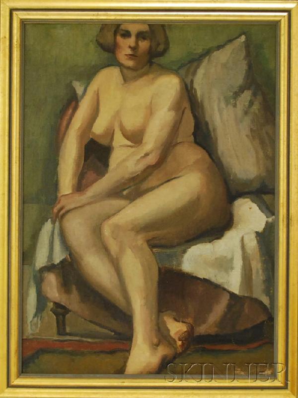 School of Andre Lhote (French, 1885-1962) Portrait: School of Andre Lhote (French, 1885-1962) Portrait of a Seated Nude Unsigned, bears inscription "Andre Lhote- Lady in Room..." on the stretcher. Oil on canvas, 29 x 21 in. (73.7 x 53.3 cm), framed. Co