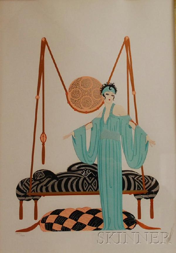 Romain (Erte) De Tirtoff (Russian/American, 1892-1: Romain (Erte) De Tirtoff (Russian/American, 1892-1990) Pillow Swing. Signed "Erte" in pencil l.r., numbered "LXXXVIII/CXXV" in pencil l.l. Silkscreen with foil, sight size 26 x 18 1/2 in., fram