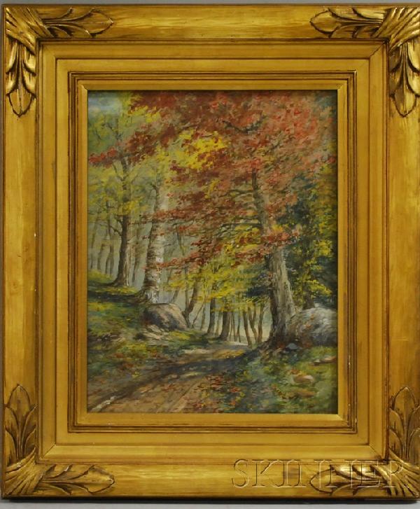 William McGregor Paxton (American, 1869-1941) Autu: William McGregor Paxton (American, 1869-1941) Autumn Landscape, The Woods of Maine. Signed "PAXTON" l.r., identified on a label affixed to the reverse. 17 1/2 x 13 1/2 in., in a period frame.