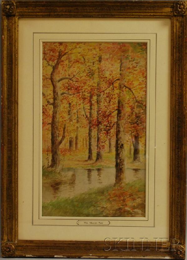 William Merritt Post (American, 1856-1935) Autumn : William Merritt Post (American, 1856-1935) Autumn Trees by a Stream. Signed "W. M. POST" l.r., inscribed "Wm. Merritt Post: on the mat. Watercolor on paper/board, sight size 16 1/4 x 9 5/8 in., framed