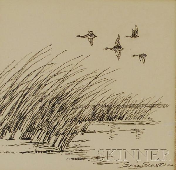 Eric (E. J. Hinrichs) Sloane (American, 1905-1985): Eric (E. J. Hinrichs) Sloane (American, 1905-1985) A Skein of Ducks in Flight Over a Marsh. Signed "Eric Sloane N.A." in pen l.r. Ink and correction fluid on paper, sight size 7 1/2 x 7 3/4 in., frame