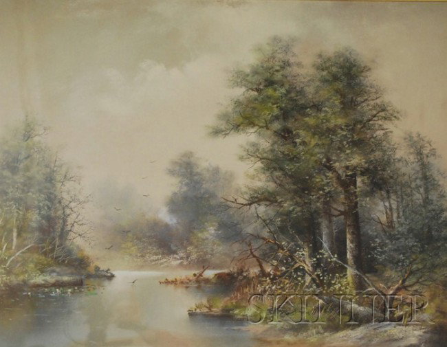 George Douglas Brewerton (American, 1827-1901) Bro: George Douglas Brewerton (American, 1827-1901) Bronx River. Signed indistinctly "Bre..." l.r., titled on the reverse. Pastel on paper/board, sight size 20 1/2 x 26 in., framed. Condition: Rippling, no