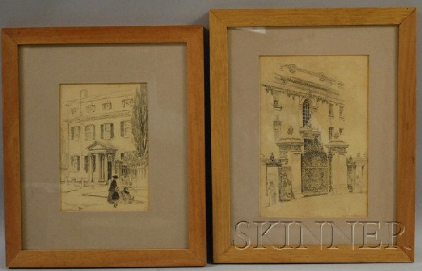Lot of Two Framed Pencil Drawings of Architectural: Lot of Two Framed Pencil Drawings of Architectural Views by Helen Mason Grose (American, b. 1880) Entrance with Ornate Gate, possibly Brown University, signed "Helen M. Grose" l.r. and monogramm