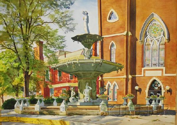 Lot of Two Unframed Watercolors by Joel W. Reichar: Lot of Two Unframed Watercolors by Joel W. Reichard (American, 20th Century) Broadway Fountain, Madison, Indiana and The Jeremiah Sullivan House, Madison, Indiana. Both signed "Reicha