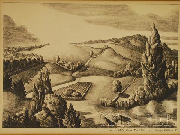Henry Billings (American, 1901-1985) Landscape wit: Henry Billings (American, 1901-1985) Landscape with Rolling Hills. Inscribed in the matrix "To My little playfellow Gillman - Henry Billings - 27" l.r. Lithograph, image size 10 1/2 x 14 3/4 in., shee
