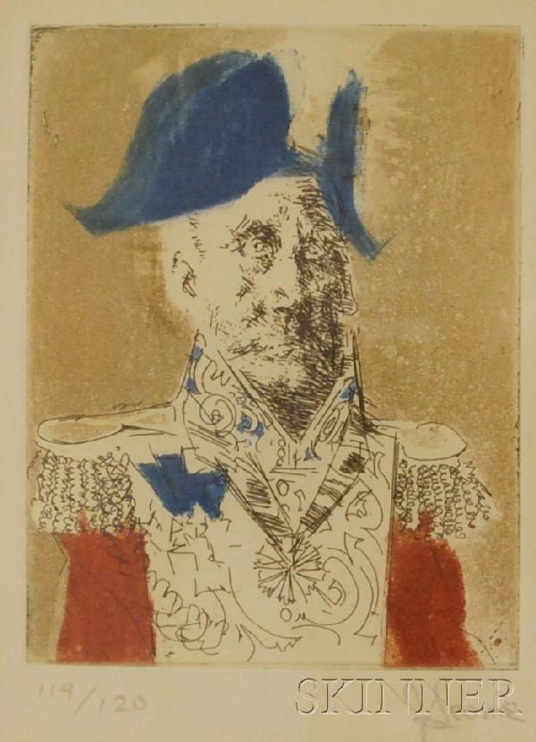 Jack Levine (American, b. 1915) Italian General, 1: Jack Levine (American, b. 1915) Italian General, 1965. Signed in pencil "JLevine" l.r. and numbered "119/120" l.l. Etching and lift ground on paper, image size 3 7/8 x 3 in., framed. Condition: S