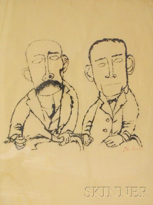 Ben Shahn (American, 1898-1969) Portrait of Sacco: Ben Shahn (American, 1898-1969) Portrait of Sacco and Vanzetti, 1958. Stamped in red "Ben Shahn" l.r. Serigraph on paper, sight size 24 x 18 in., framed. Condition: Staining l.l. and u.r. corners, c
