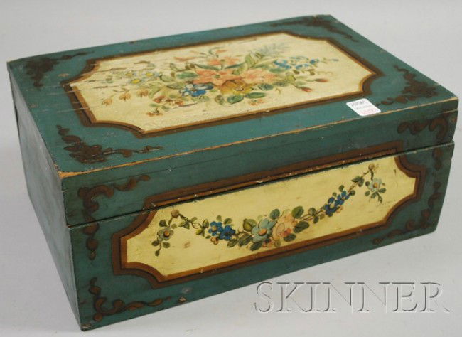 Martha and Ralph Cahoon Polychrome Paint-decorate: Martha and Ralph Cahoon Polychrome Paint-decorated Lidded Wooden Box, the interior with two tills, ht. 6 1/2, lg. 15, wd. 9 3/4 in.