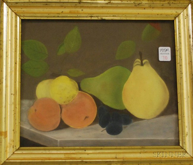 Giltwood-framed 19th Century American School Paste: Giltwood-framed 19th Century American School Pastel Still Life with Fruit, overall 12 1/2 x 14 1/4 in.