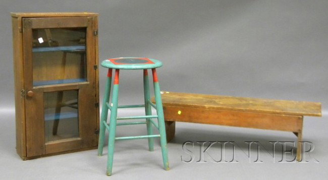 Country Pine and Glass Wall Cabinet, a Pine Bucket: Country Pine and Glass Wall Cabinet, a Pine Bucket Bench, and a Paint-decorated Wooden Stool.