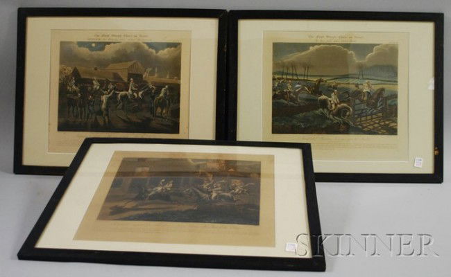 Three Framed Hand-colored Steeple Chase Engravings: Three Framed Hand-colored Steeple Chase Engravings, Engraved by J. Harris, Ben Brooks, publisher, London, 1839, The First Steeple-Chase on Record., plates I, III, and IV; sight size 14 1/2 x 16 1/2 in