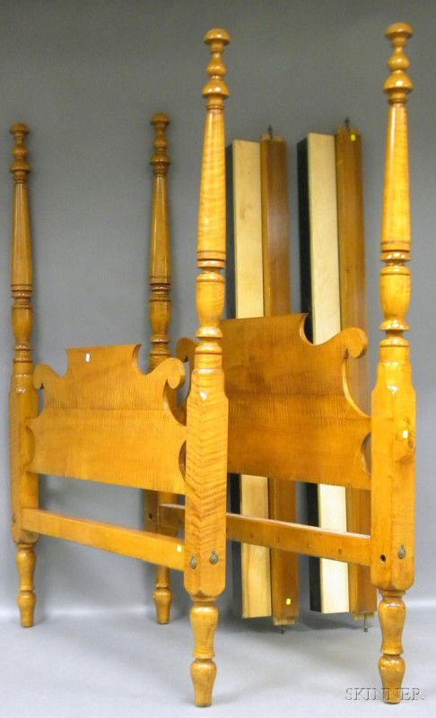Classical Turned Tiger Maple Tall Post Bed, with r: Classical Turned Tiger Maple Tall Post Bed, with rails, ht. 81 3/4, wd. 55 1/2 in.