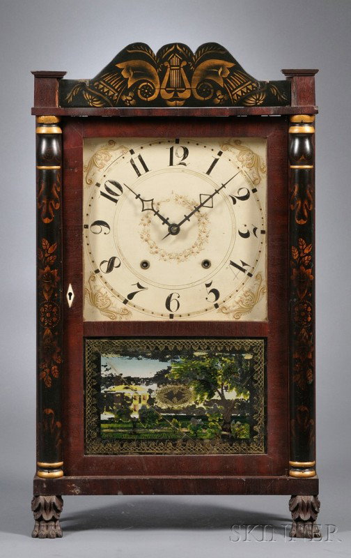 Transitional Shelf Clock by Jerome & Darrow, with: Transitional Shelf Clock by Jerome & Darrow, with Arabic numeral dial, reverse-painted glass, maker's label and thirty-hour wooden movement with two weights and pendulum, ht. 28 1/2 in.