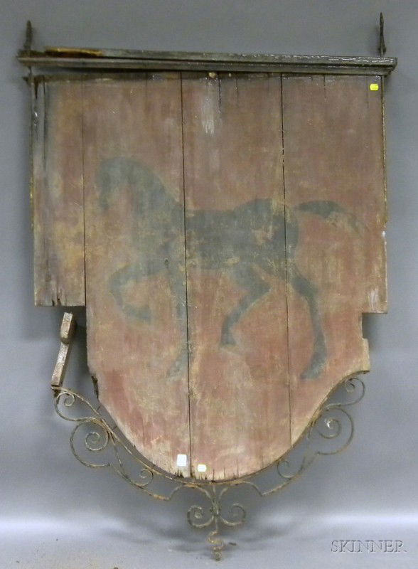 Wrought Iron-mounted Painted Wood Double-sided Bl: Wrought Iron-mounted Painted Wood Double-sided Black Horse Tavern Sign, (losses, polyurethane-coated, imperfections), approx. lg. 55 1/4, wd. 39 in.