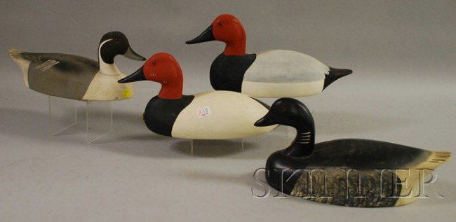 Four Carved and Painted Wooden Duck Decoys, inclu: Four Carved and Painted Wooden Duck Decoys, including two impressed "Wild Fowlers," lg. 15 to 16 1/2 in.