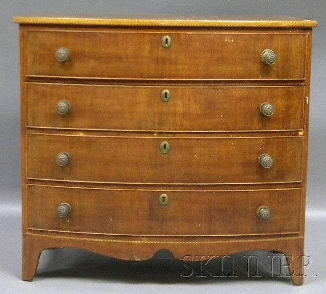 Federal Inlaid Mahogany and Mahogany Veneer Bowfr: Federal Inlaid Mahogany and Mahogany Veneer Bowfront Bureau, ht. 37 1/2, wd. 42 in.