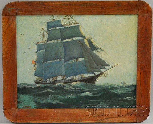 20th Century American School Oil on Panel Portrai: 20th Century American School Oil on Panel Portrait of a Three-masted Clipper Ship, signed l.l. "F.C. Mead," framed, panel 15 1/2 x 19 3/4 in.