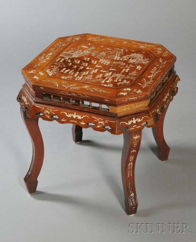 Hexagonal Stand, China, 19th century, rosewood, surf: Hexagonal Stand, China, 19th century, rosewood, surface inlaid with bone and ivory in a landscape pattern with borders of bats and floral sprigs, 18 x 18 x 19 in.