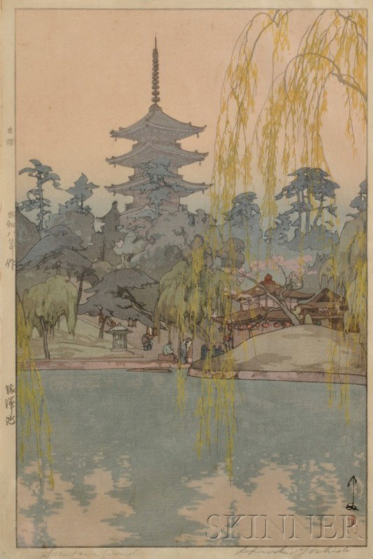 Yoshida Hiroshi: Sarusawa Pond, 1933, signed in pen: Yoshida Hiroshi: Sarusawa Pond, 1933, signed in pencil and with jizuri seal, (fine impression, color and condition), framed.