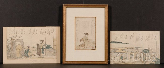 Two Hokusai and Another Artist: two long surimino, : Two Hokusai and Another Artist: two long surimino, A Buddhist Priest and Two Women Taking Rubbing from a Stone Stelea, and another; together with a framed woodblock print with a seated geisha and leng