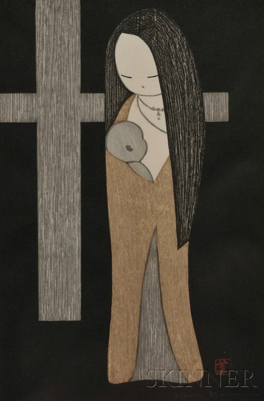Kaoru Kawano: Image of a girl holding a baby, signe: Kaoru Kawano: Image of a girl holding a baby, signed in pencil and with one seal, (very good impression, color, and condition), framed and glazed, 19 1/2 x 13 1/2 in. (with frame).