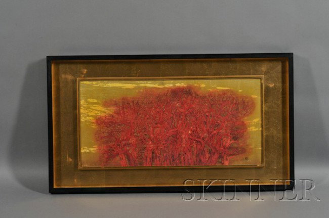 Joichi Hoshi: Red Tree, 21/50, with paper label "Jo: Joichi Hoshi: Red Tree, 21/50, with paper label "Joichi Hoshi '71, Miss Rose E Walker 4 Dec 71" to the back, framed and glazed, 17 x 35, 26 x 46 in. (with frame).