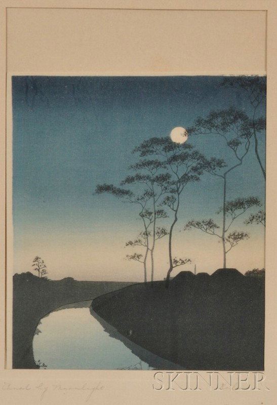 Hasui: Rain at Maekawa in Soshu Province, together : Hasui: Rain at Maekawa in Soshu Province, together with Canal by Moonlight by Shoda Koho, (very good impressions, color and condition, not examined out of frames), framed.
