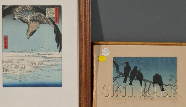 Two Japanese Woodblock Prints: Crows on Branch by T: Two Japanese Woodblock Prints: Crows on Branch by Takahasi Hiroaki (Shotei) and a copy in reduced size after Hiroshige of Plain at Suzaki, Fukagawa, from One Hundred Famous Views of Edo, the