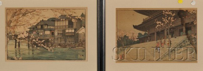 Yoshida Hiroshi, Two Prints: Chionin Temple Gate an: Yoshida Hiroshi, Two Prints: Chionin Temple Gate and Hayase, both signed in pencil and with jizuri seals, (good impressions, color and condition with some toning and one with dark water stai