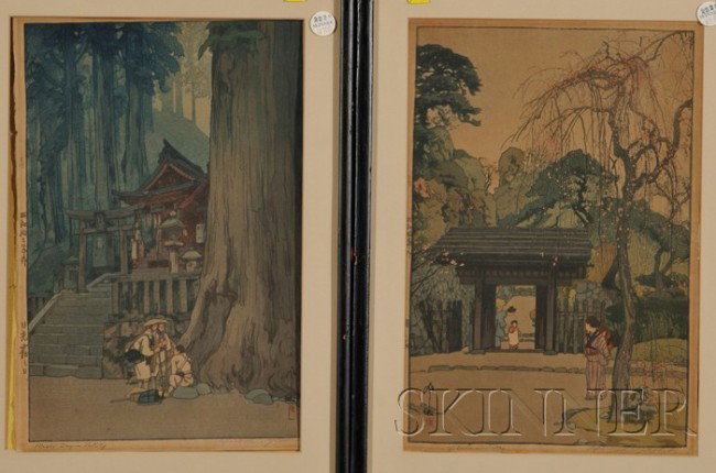 Yoshida Hiroshi, Two Prints: Plum Gateway and Misty: Yoshida Hiroshi, Two Prints: Plum Gateway and Misty Day in Nikko, both signed in pencil and with jizuri seals, (good impressions, color and condition with moderate to heavy toning), framed.