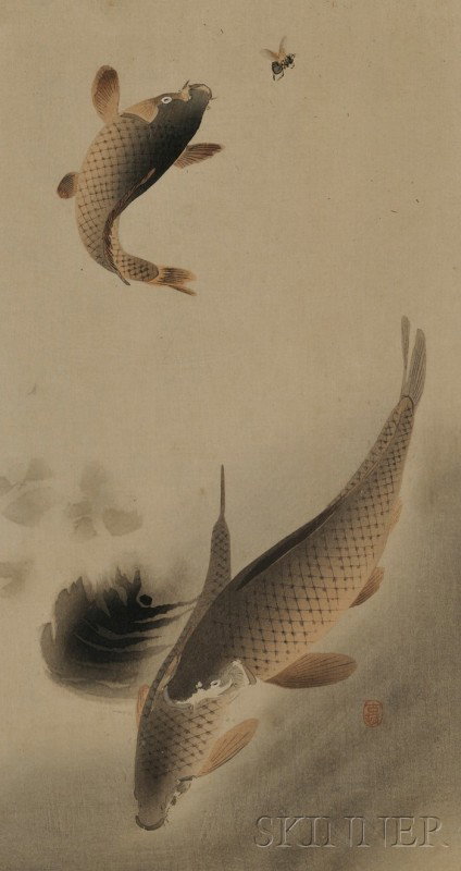 Ohara Shoson: Diving and Leaping Carp and Bee, c. 1: Ohara Shoson: Diving and Leaping Carp and Bee, c. 1910, sealed Koson, (very good impression, color and condition), framed.
